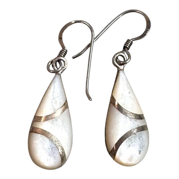 Vintage Sterling Silver 925 Teardrop Dangle Earrings Mother Of Pearl Inlay - Picture 7 of 7